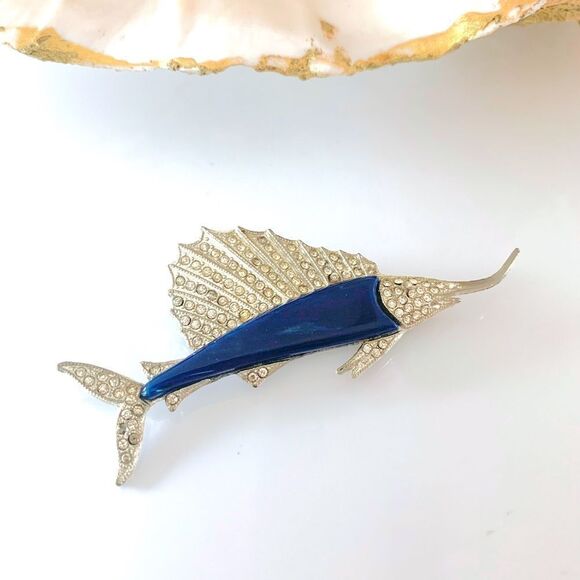 Rhinestone Marlin Fish Brooch - Picture 1 of 4